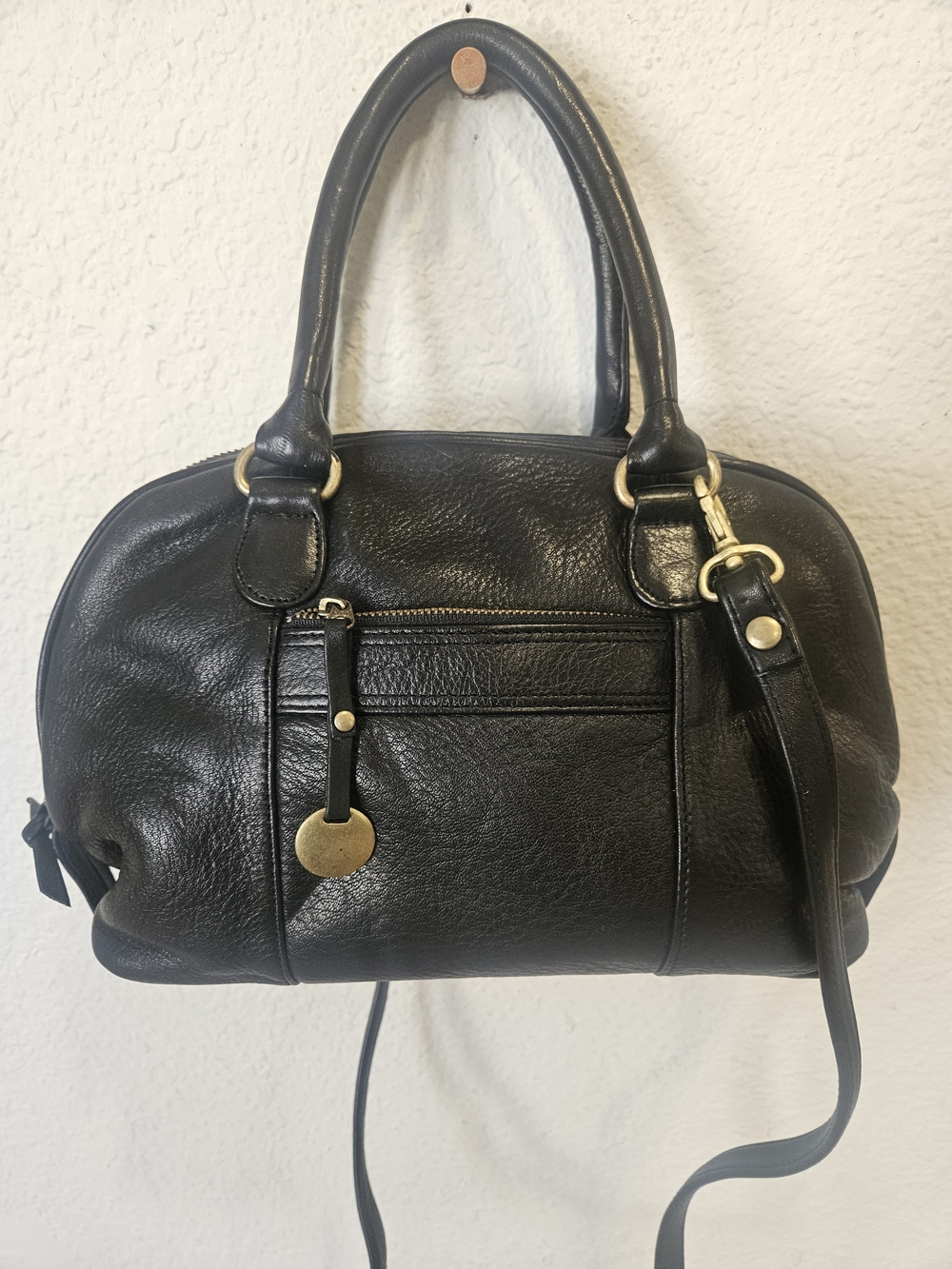 Minimalist Unbranded Black Leather Dome Satchel Purse Brass Hardware